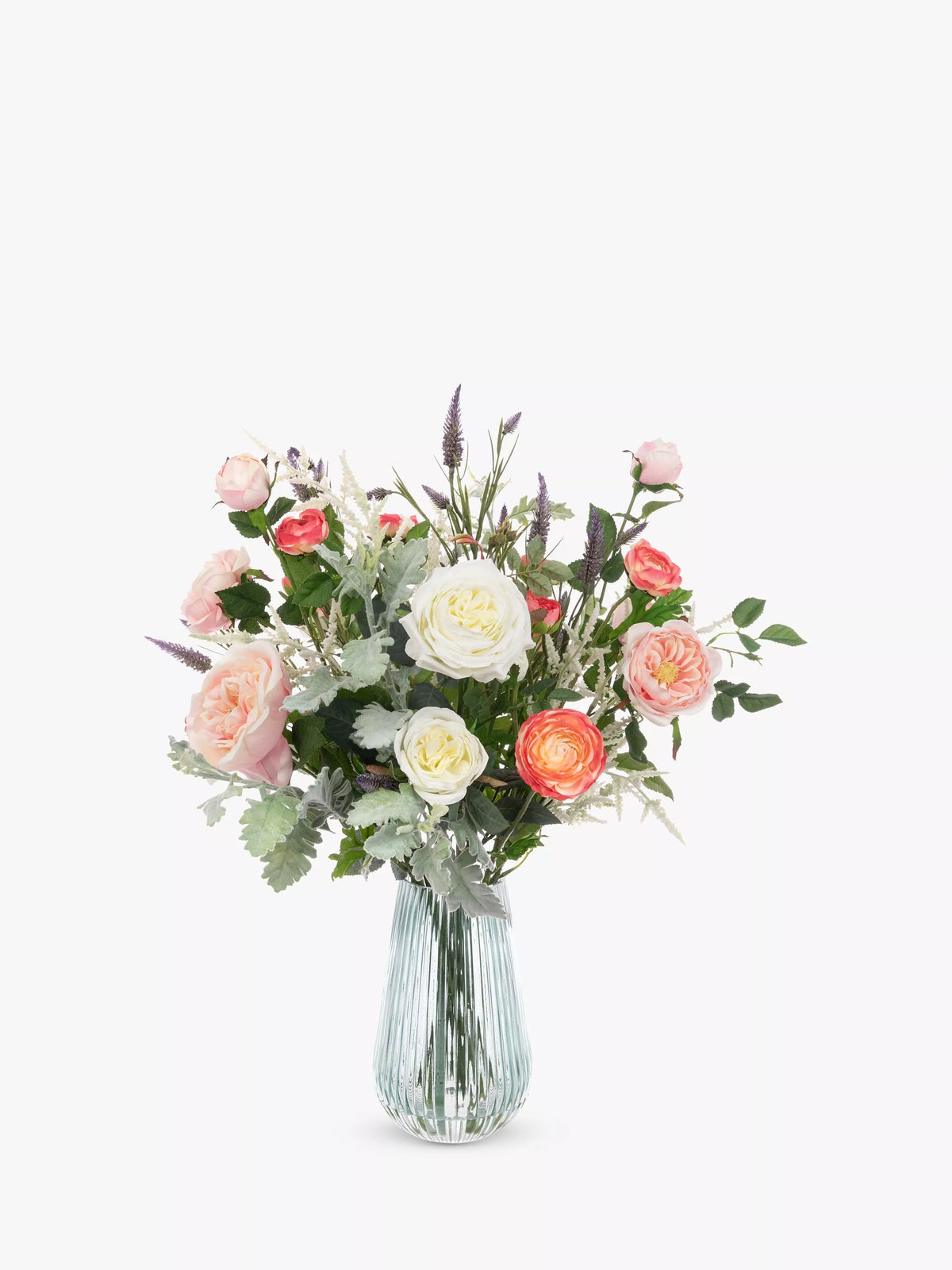 Artificial rose and ranunculus floral arrangement in glass vase, 64cm height, pink and white - British product