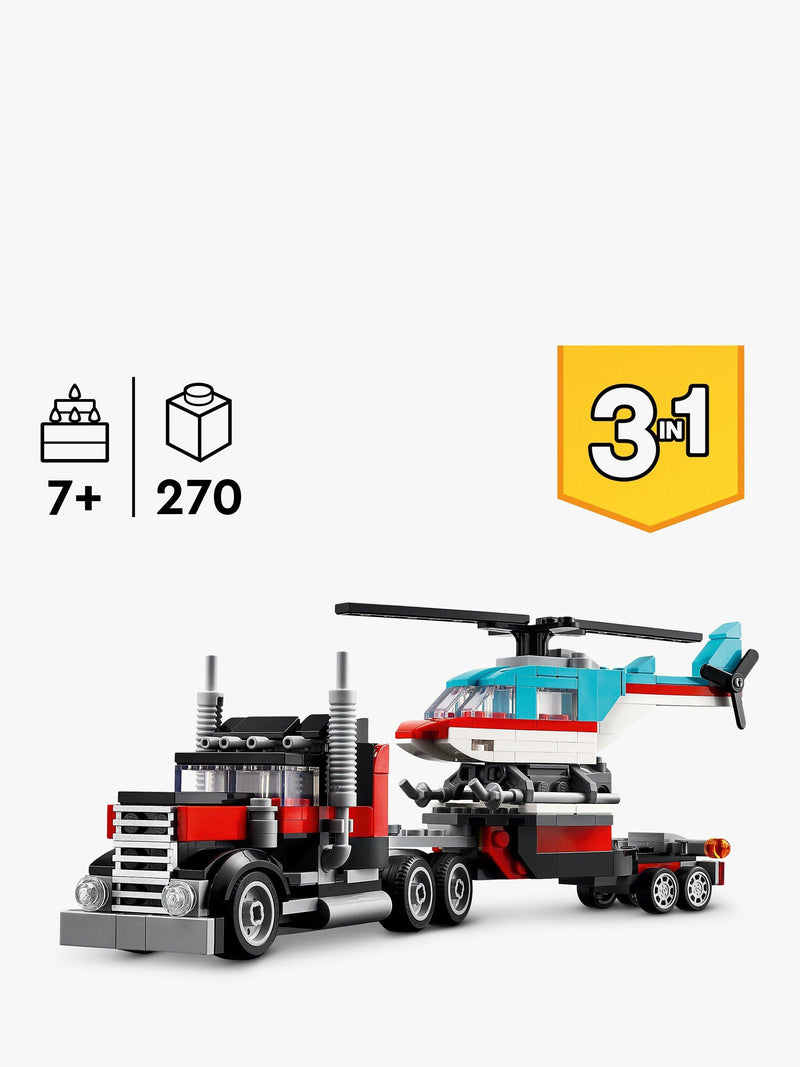 LEGO Creator 3in1 flatbed truck with helicopter building set, imported from the UK