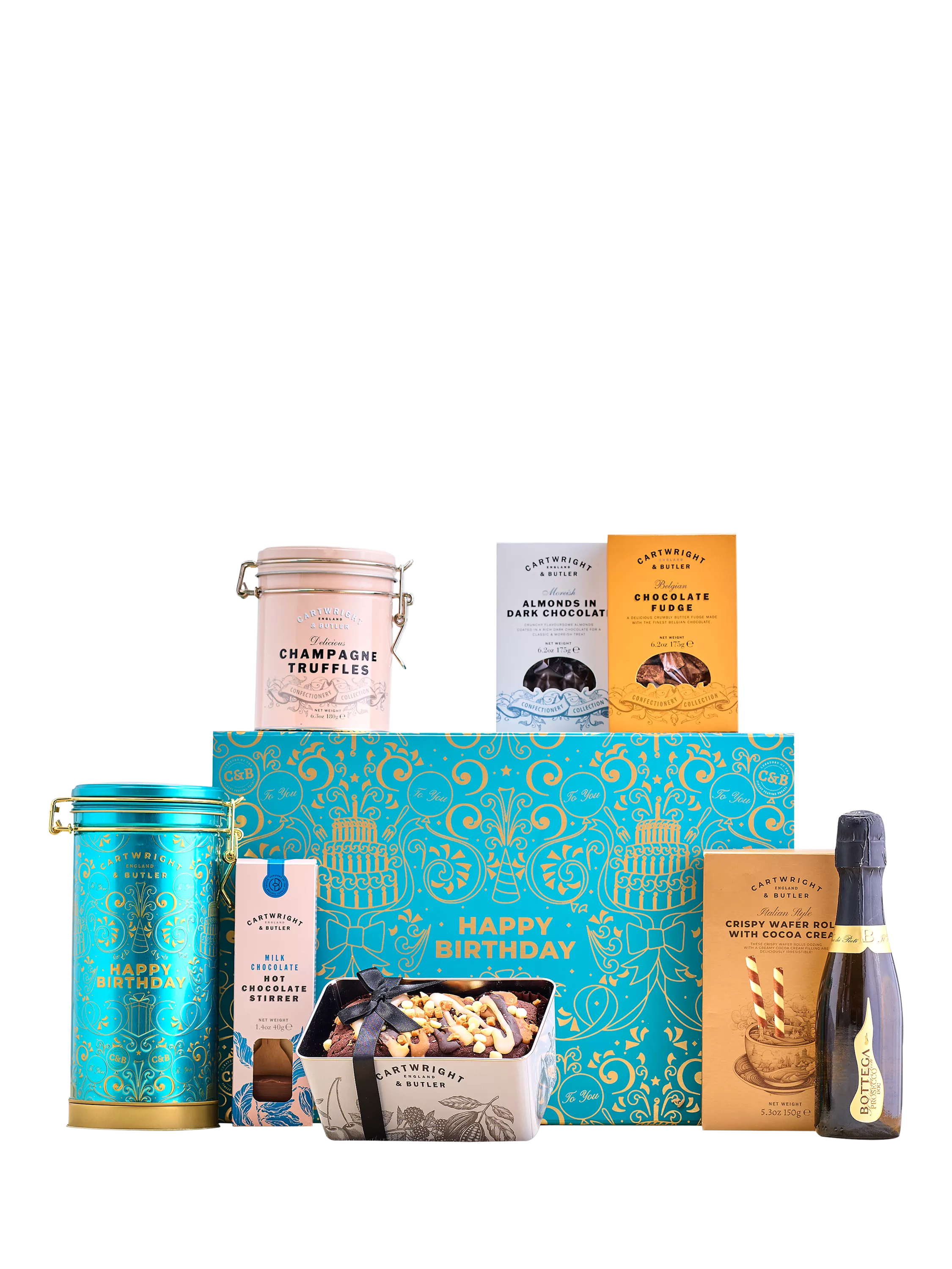 Cartwright & Butler happy birthday gift box with sweet treats and prosecco - British product