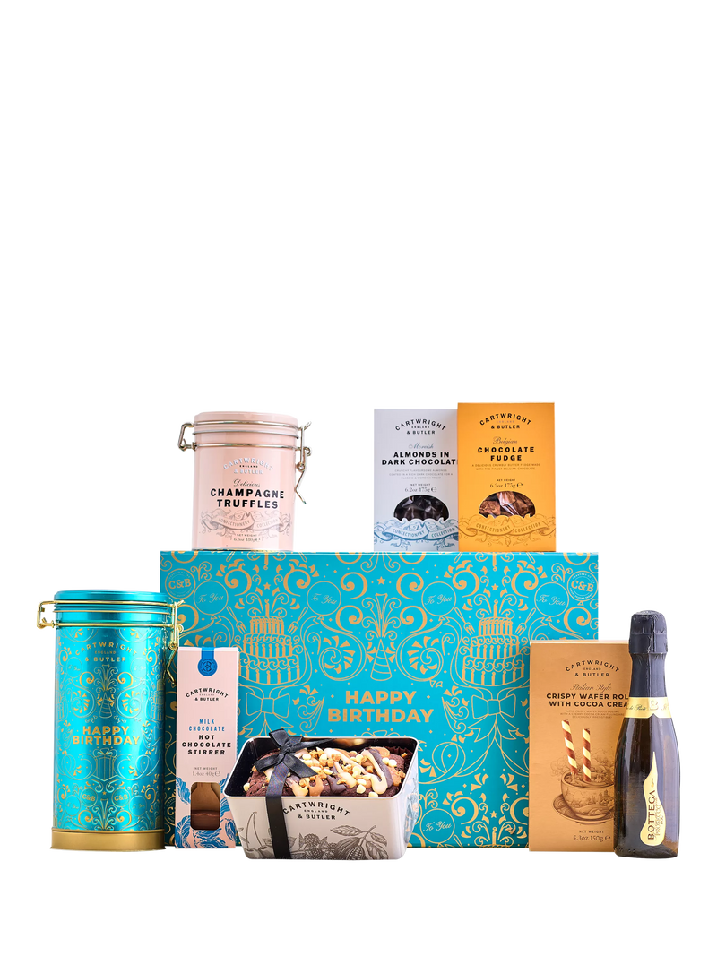 Cartwright & Butler happy birthday gift box with sweet treats and prosecco - British product