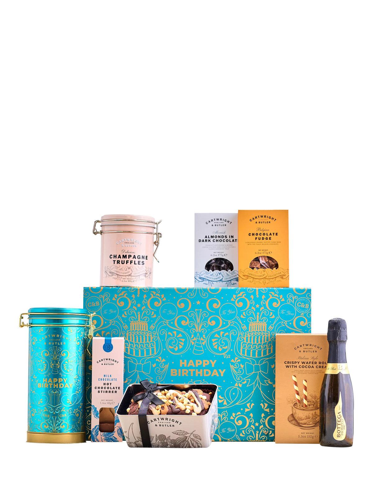 Cartwright & Butler happy birthday gift box with sweet treats and prosecco - British product