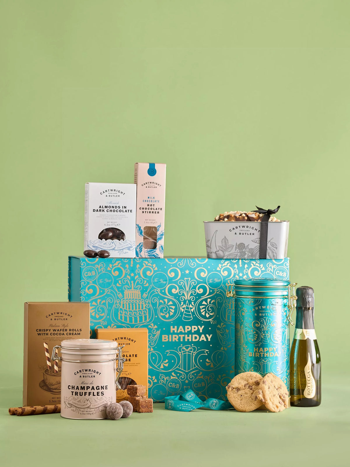 Cartwright & Butler happy birthday gift box with sweet treats and prosecco - British product