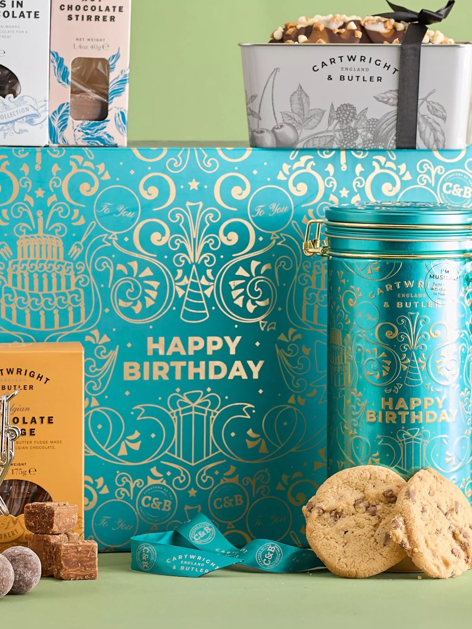 Cartwright & Butler happy birthday gift box with sweet treats and prosecco - British product