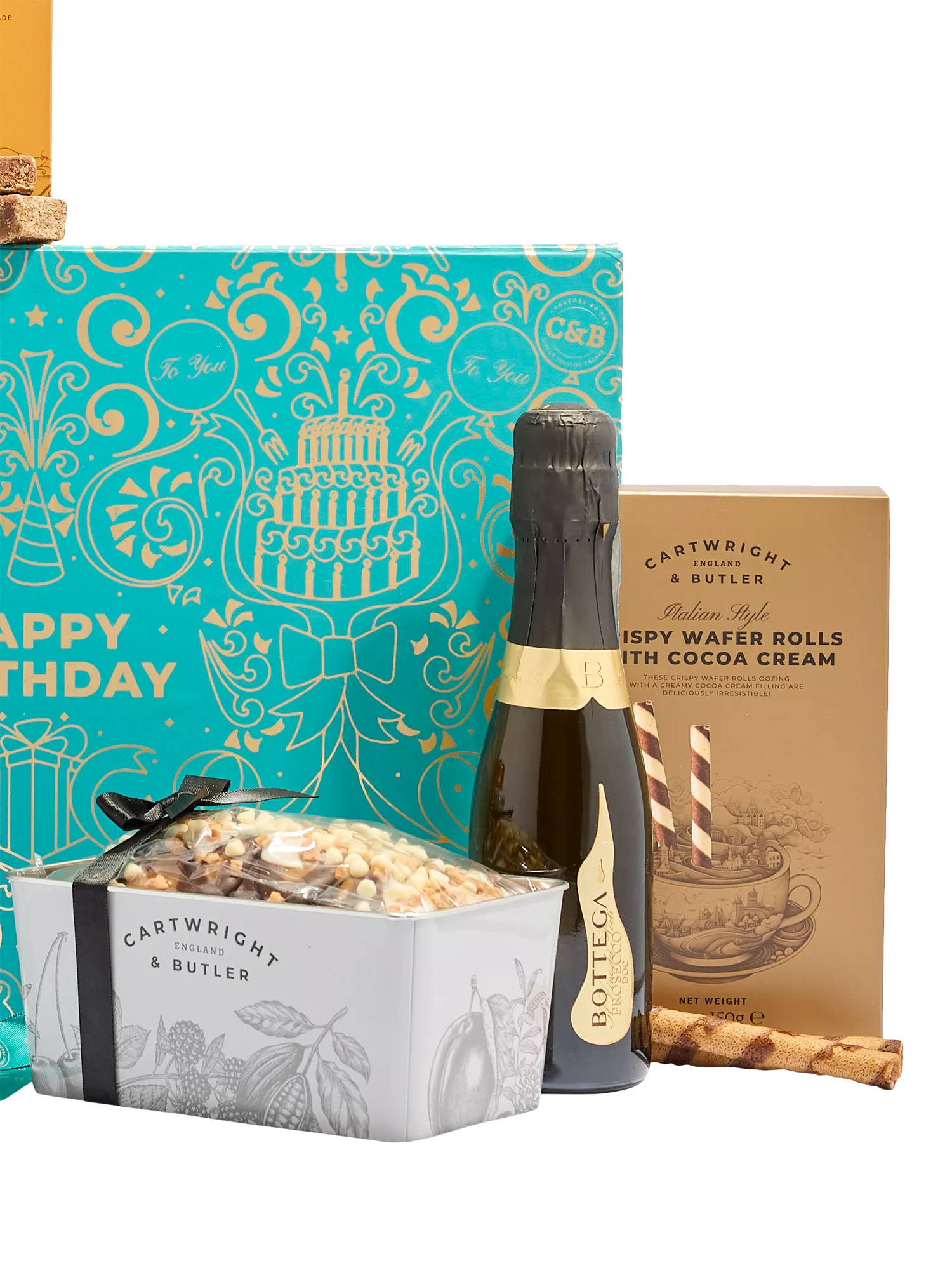 Cartwright & Butler happy birthday gift box with sweet treats and prosecco - British product