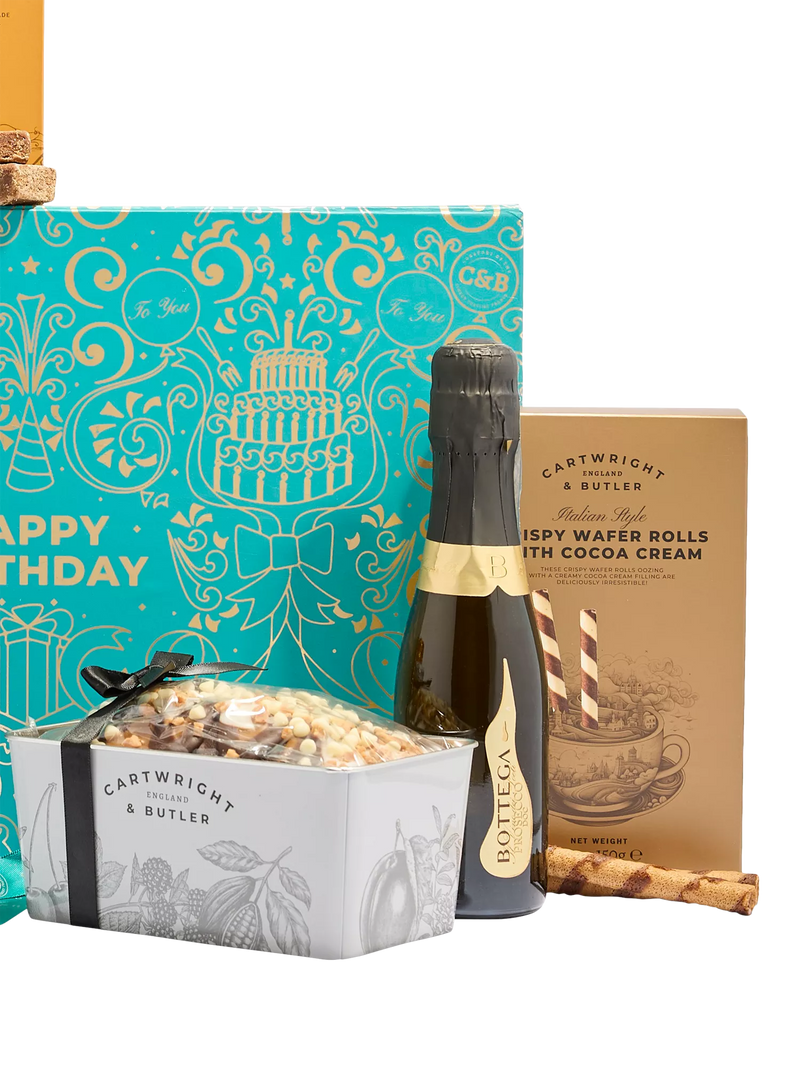 Cartwright & Butler happy birthday gift box with sweet treats and prosecco - British product