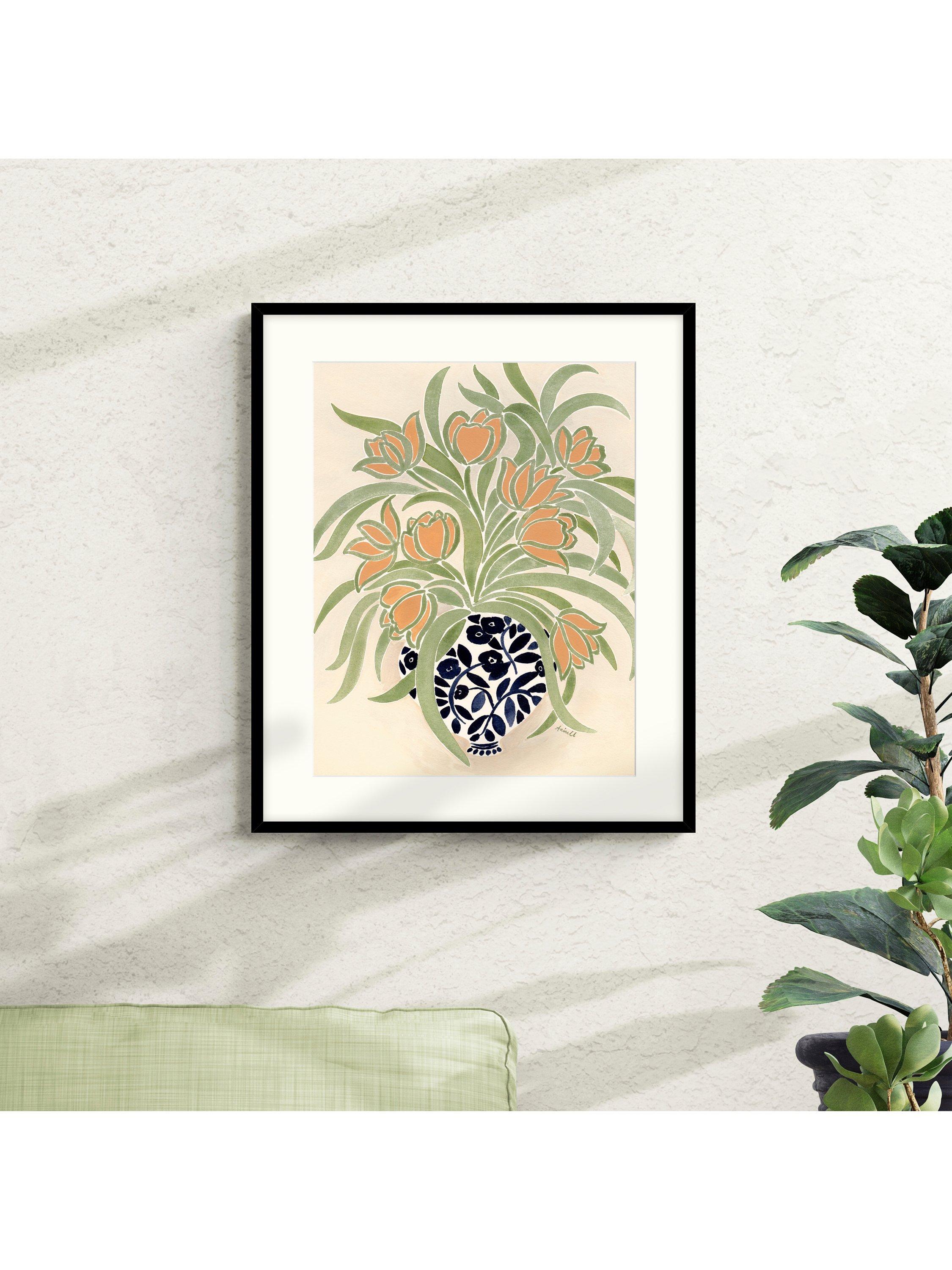 John Lewis La Poire Apricot Tulips framed print in green and orange, UK version