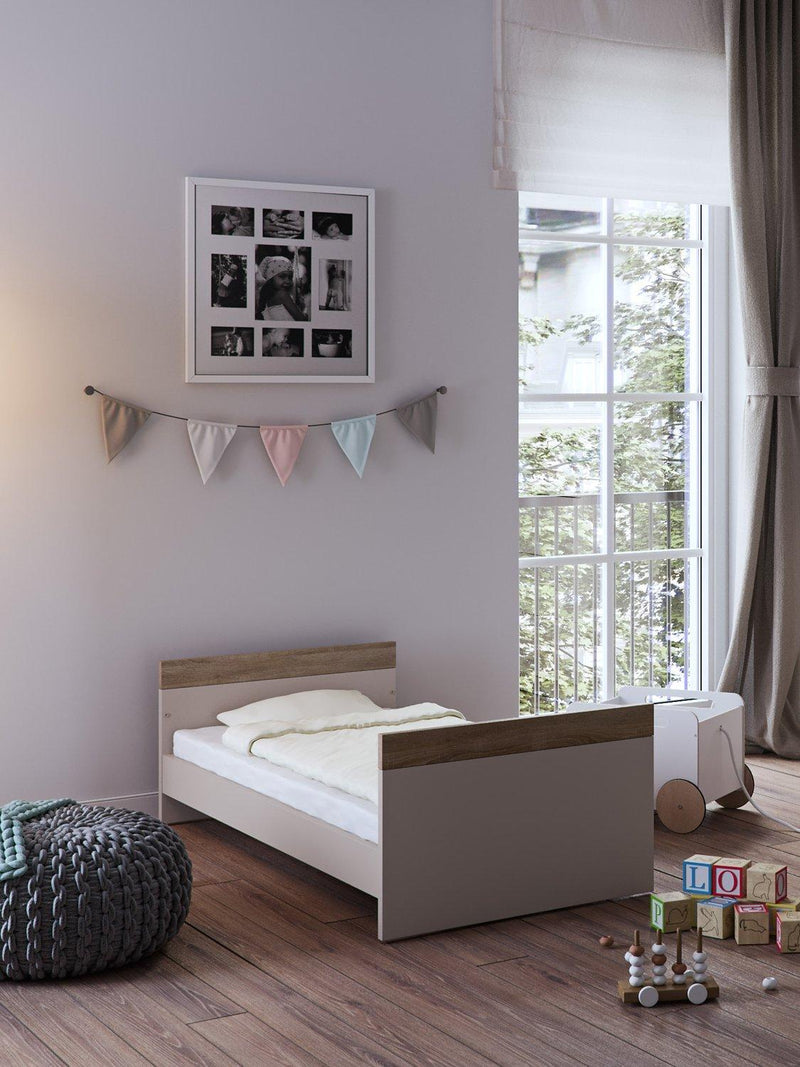 Little Acorns Burlington Cotbed featuring oak accents and MDF finish, UK version