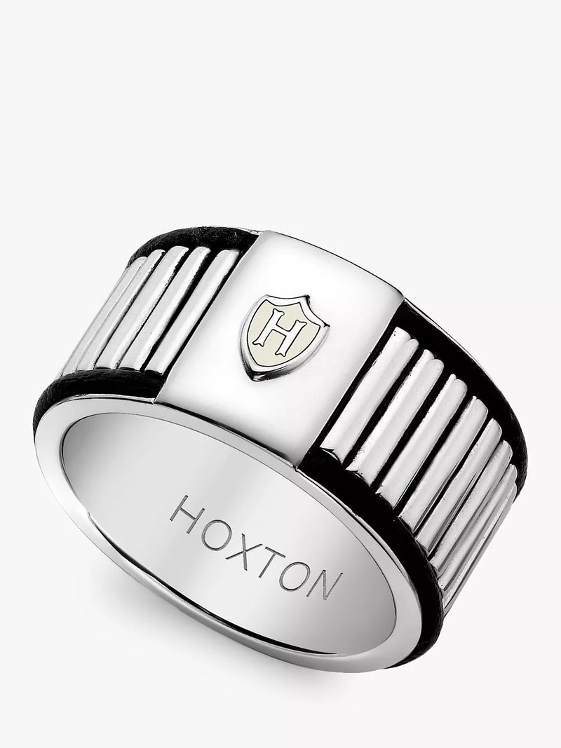 Hoxton London Men's Sterling Silver Bold Leather Ribbed Ring