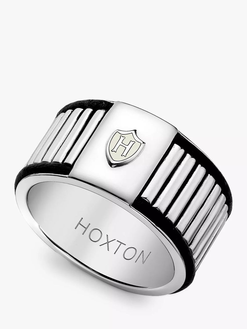 Hoxton London Men's Sterling Silver Bold Leather Ribbed Ring