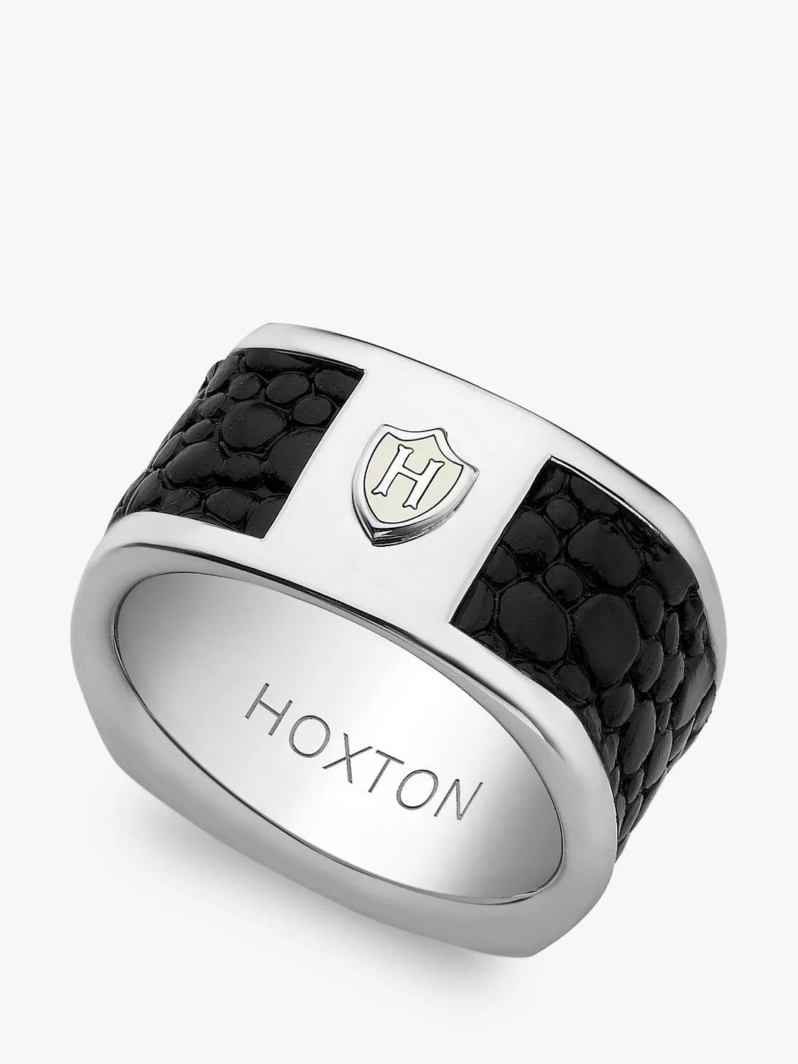 Hoxton London men's sterling silver ring with leather inlay (British brand)