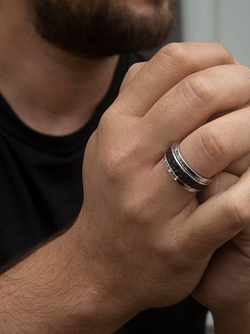 Hoxton London sterling silver spinning ring with black leather inlay (British brand)