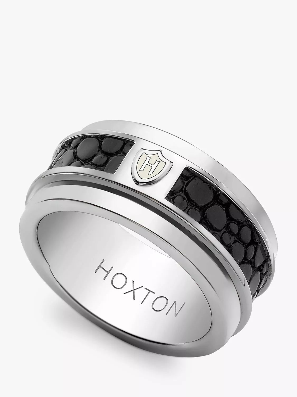 Hoxton London Men's Sterling Silver Black Printed Leather Spinning Ring