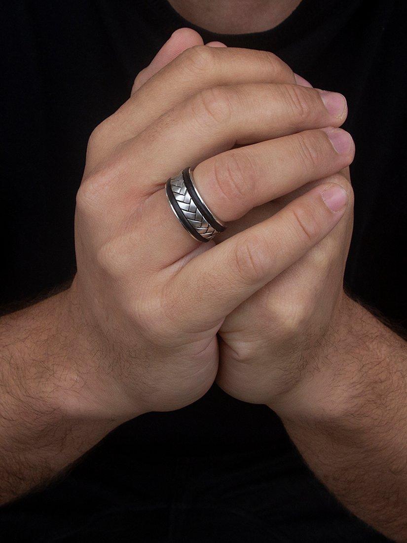 Hoxton London men's herringbone leather inlay ring silver - British product