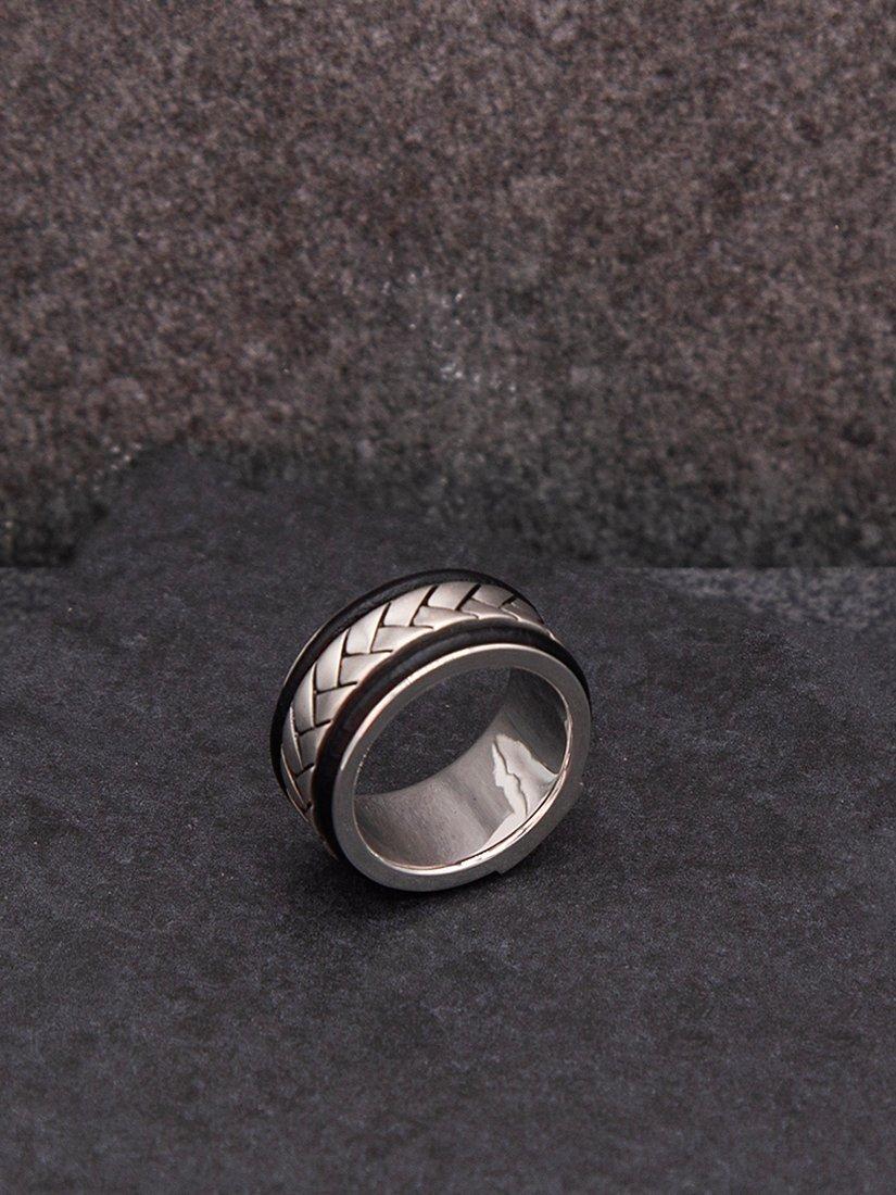 Hoxton London men's herringbone leather inlay ring silver - British product
