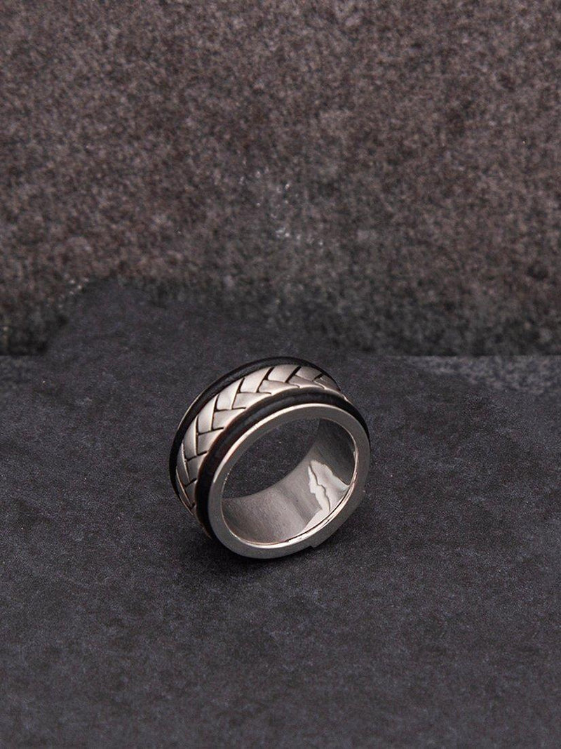 Hoxton London men's herringbone leather inlay ring silver - British product