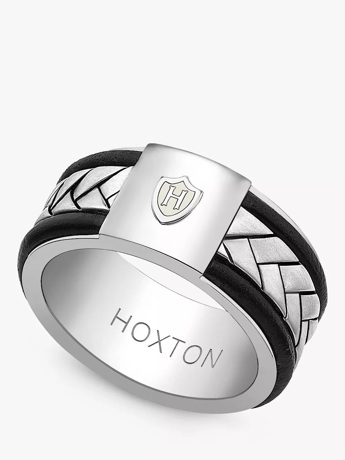 Hoxton London Men's Herringbone Leather Inlay Ring, Silver