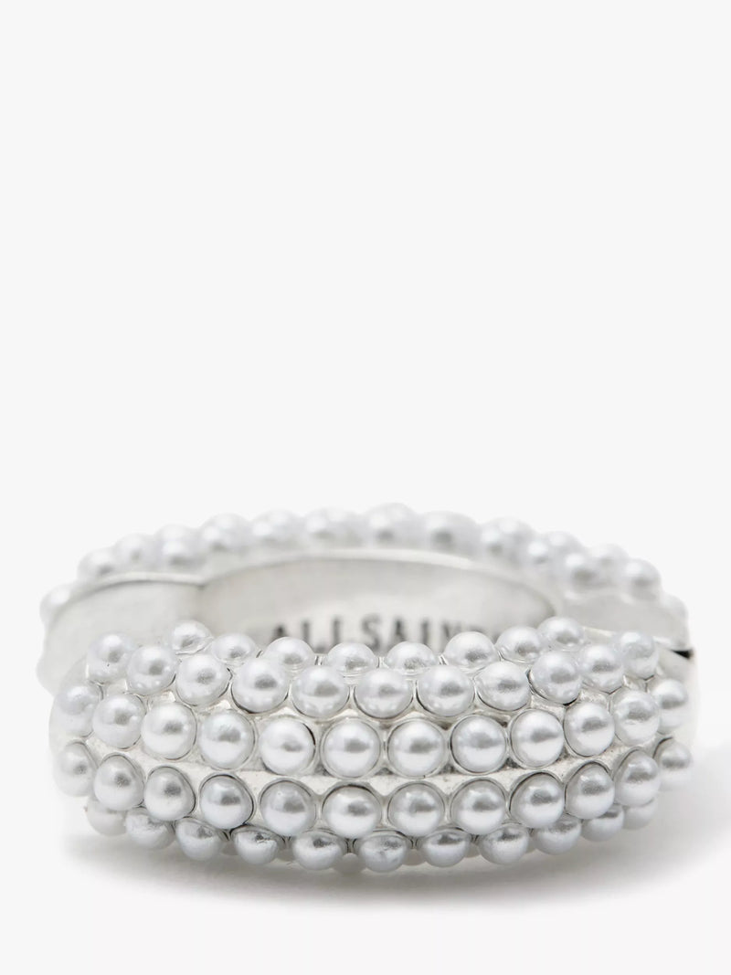 AllSaints faux pearl hoop earrings warm silver, UK version