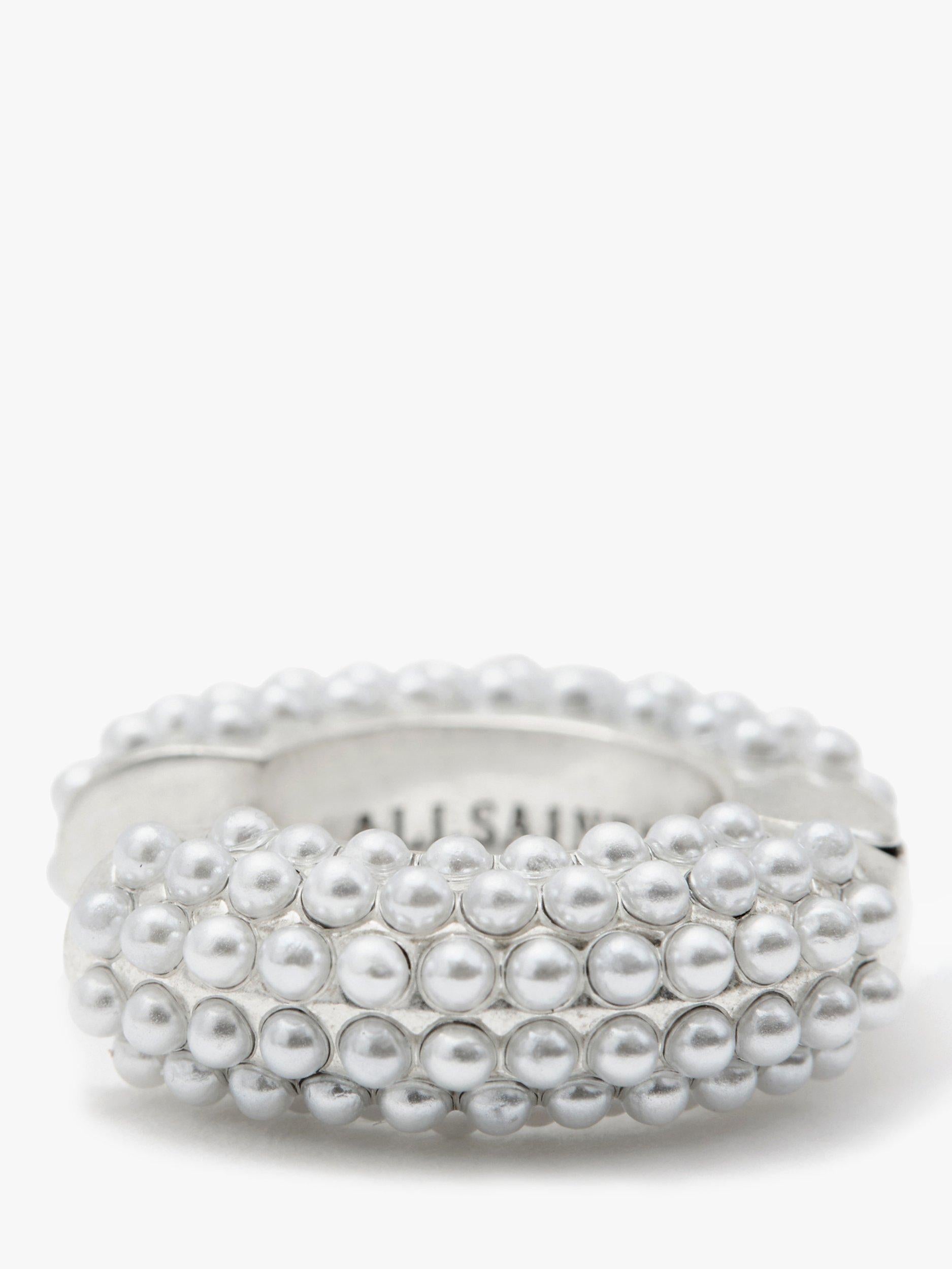 AllSaints faux pearl hoop earrings warm silver, UK version