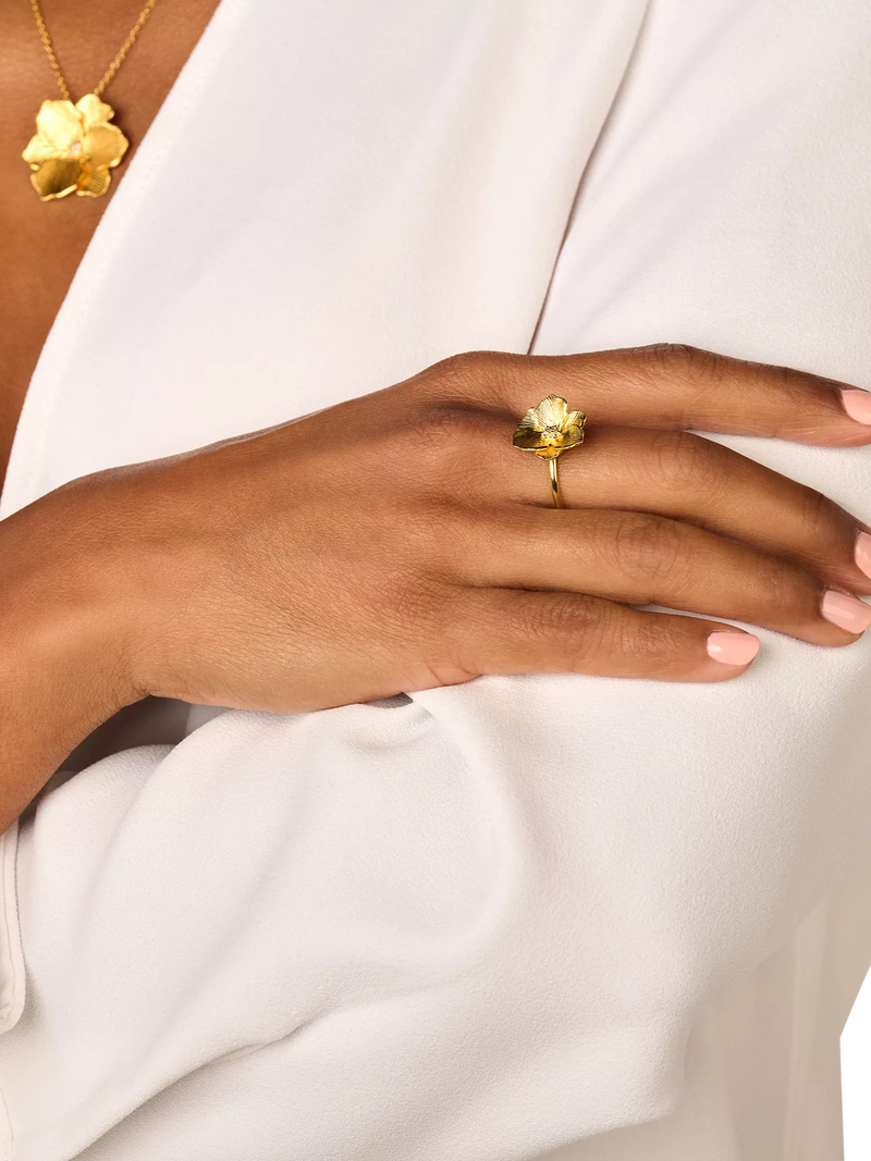 DPT Antwerp diamond jasmine flower ring 18ct gold plated, imported from the UK