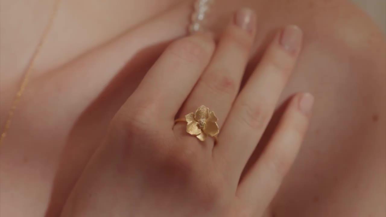 DPT Antwerp diamond jasmine flower ring 18ct gold plated, imported from the UK