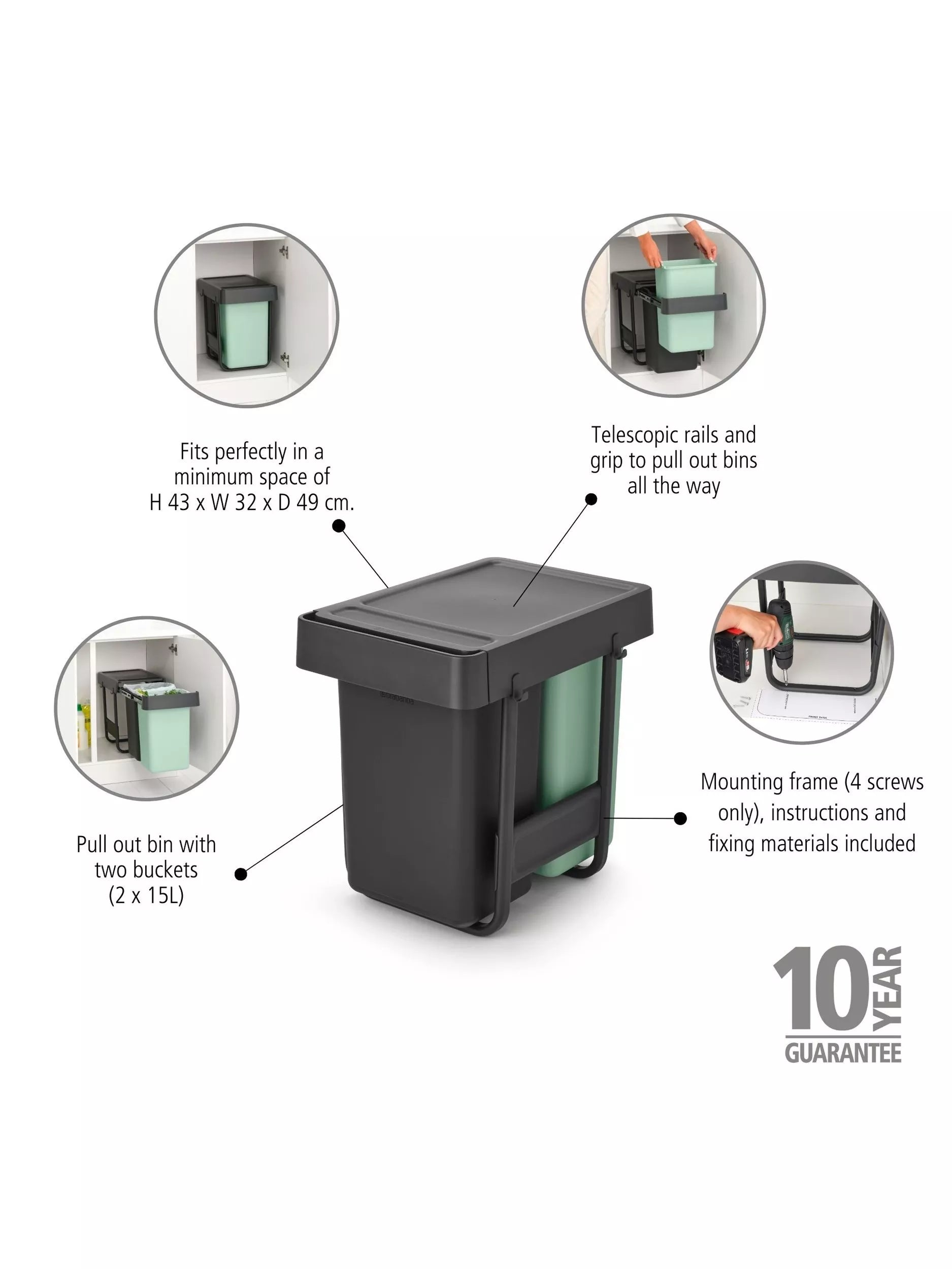 Brabantia Sort & Go built-in kitchen bin with two 15L compartments - British product