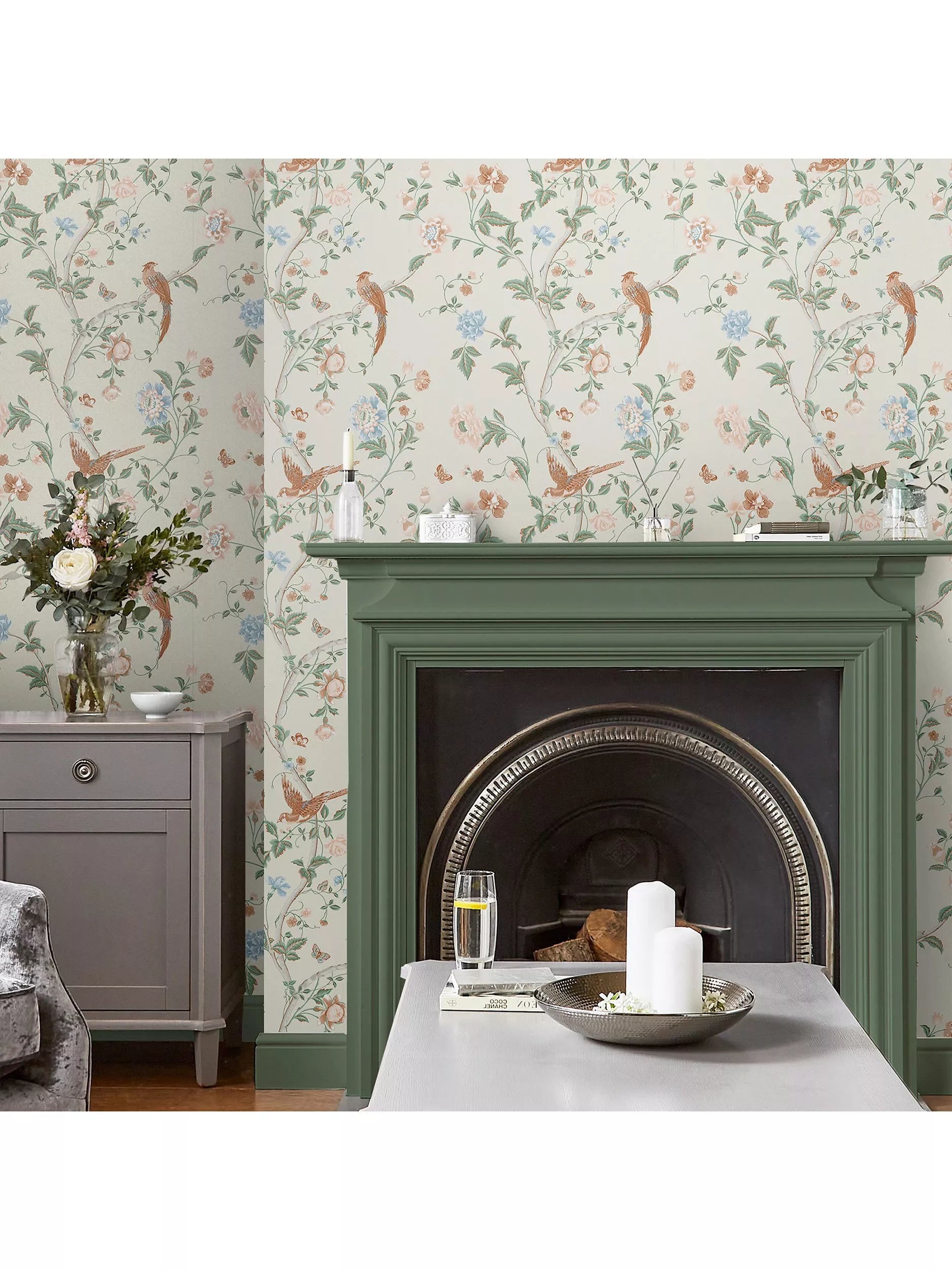 Laura Ashley Summer Palace wallpaper in sage and apricot (British brand)