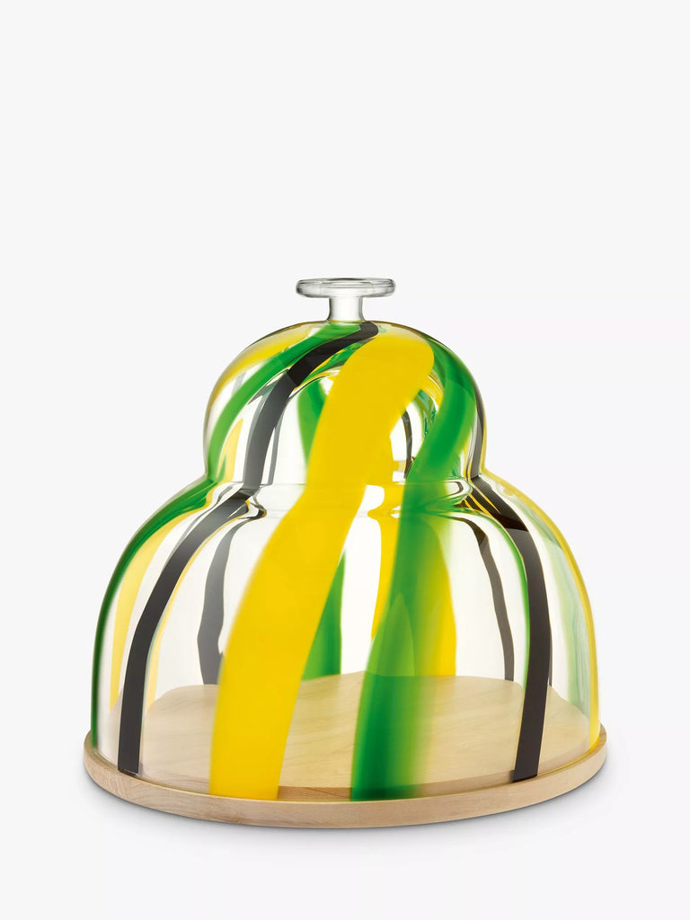 LSA International Folk Wood Cake Stand & Glass Dome, 30cm, Green/Yellow