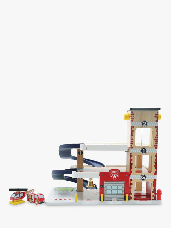 Wooden Fire and Rescue Garage Playset with Vehicle and Helicopter