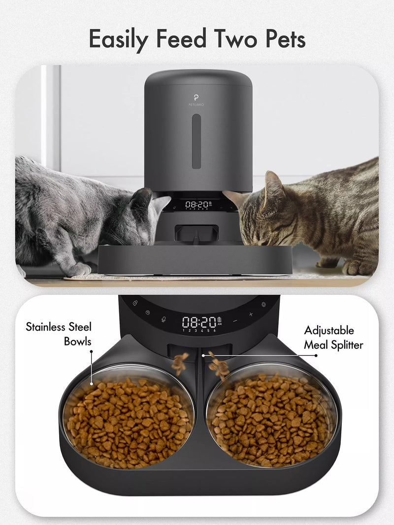 Petlibro automatic cordless dual cat feeder in black with 5L capacity, imported from the UK