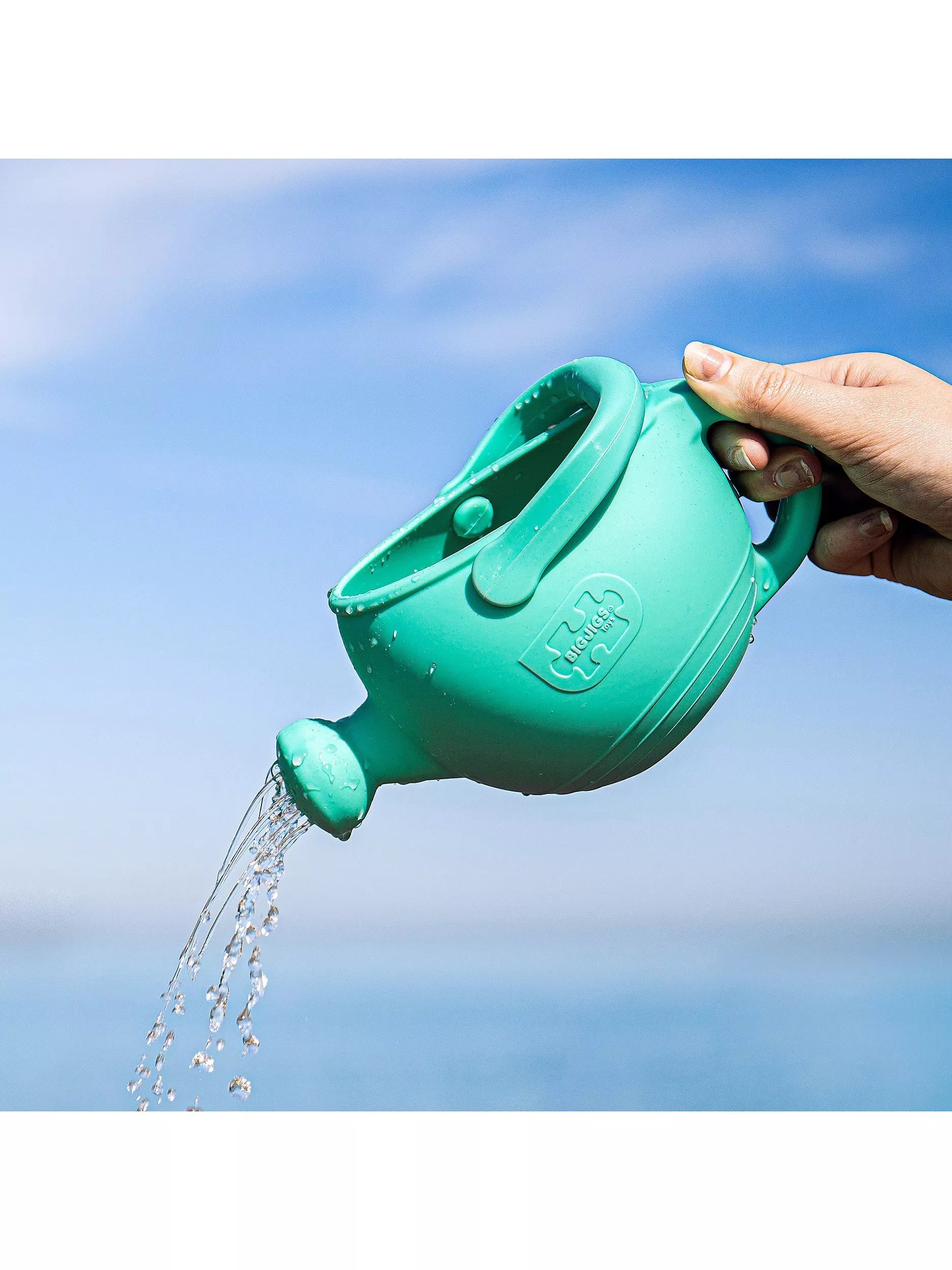 Bigjigs Toys silicone watering can eggshell green, imported from the UK
