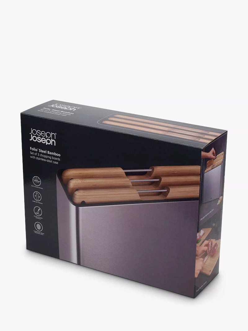 Joseph Joseph Folio bamboo chopping boards set stainless steel case - British product