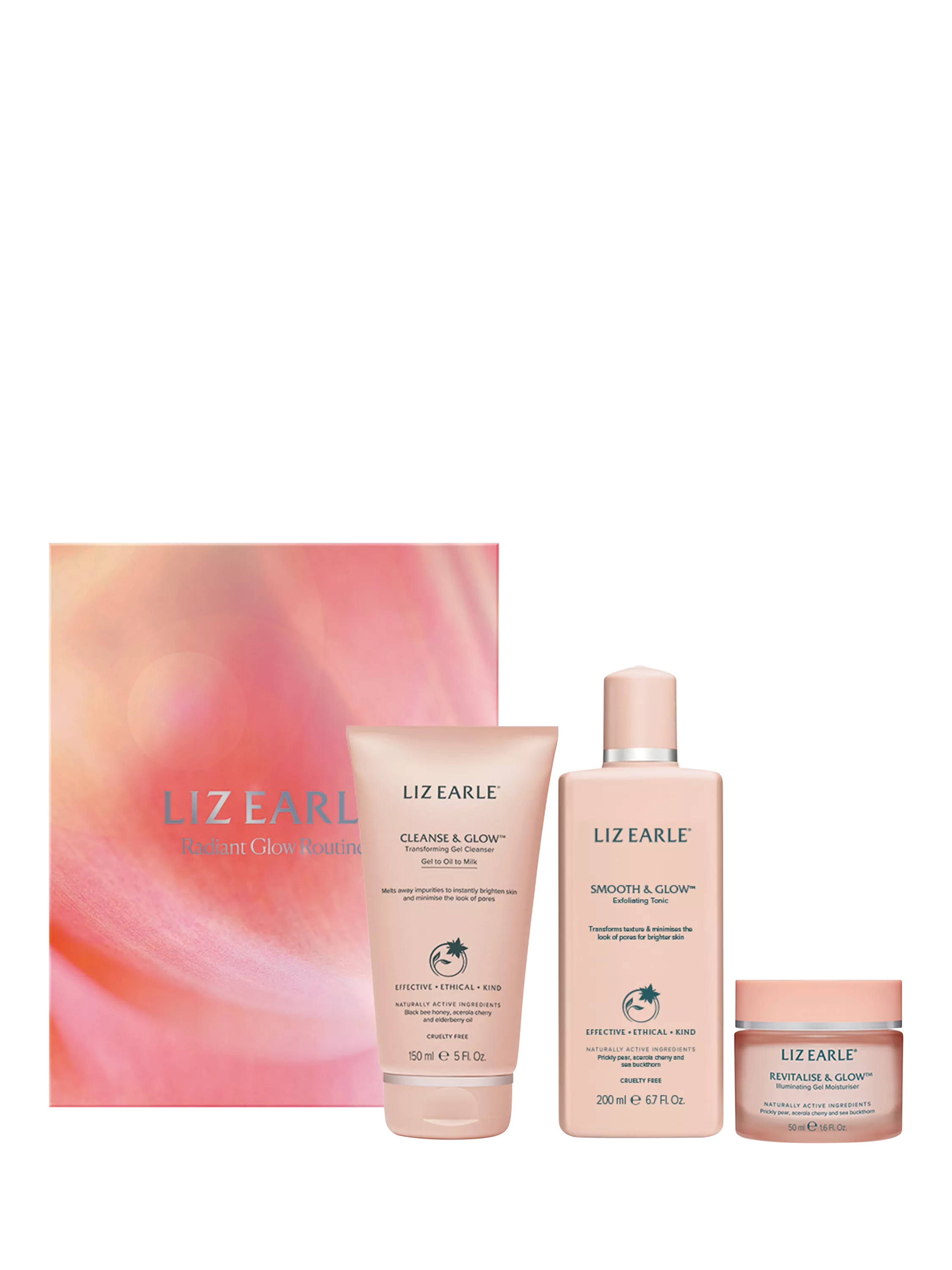 Radiant glow skincare gift set with gel cleanser, exfoliating tonic, and illuminating moisturiser, UK version
