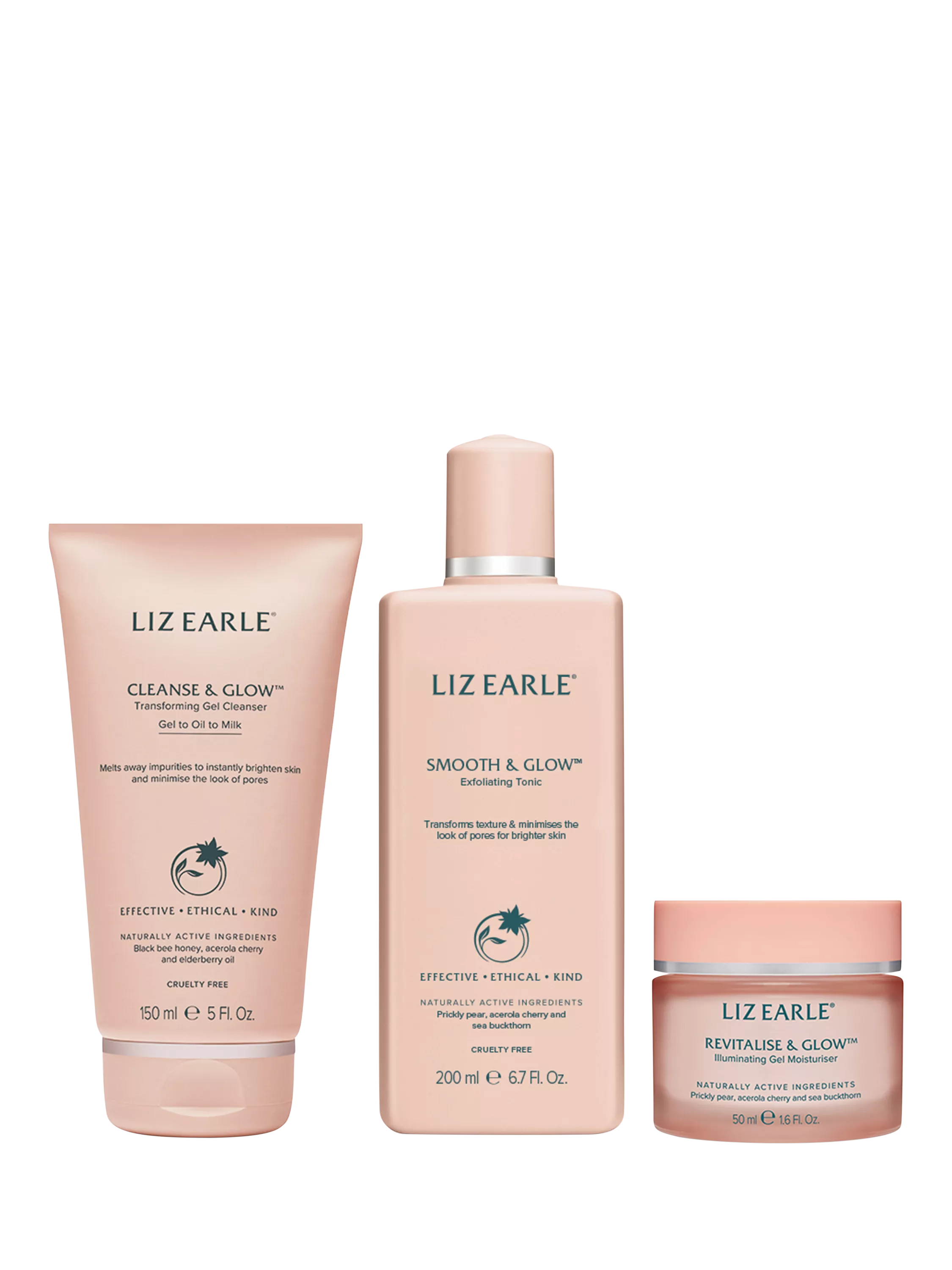Radiant glow skincare gift set with gel cleanser, exfoliating tonic, and illuminating moisturiser, UK version