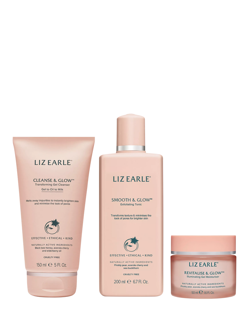 Radiant glow skincare gift set with gel cleanser, exfoliating tonic, and illuminating moisturiser, UK version