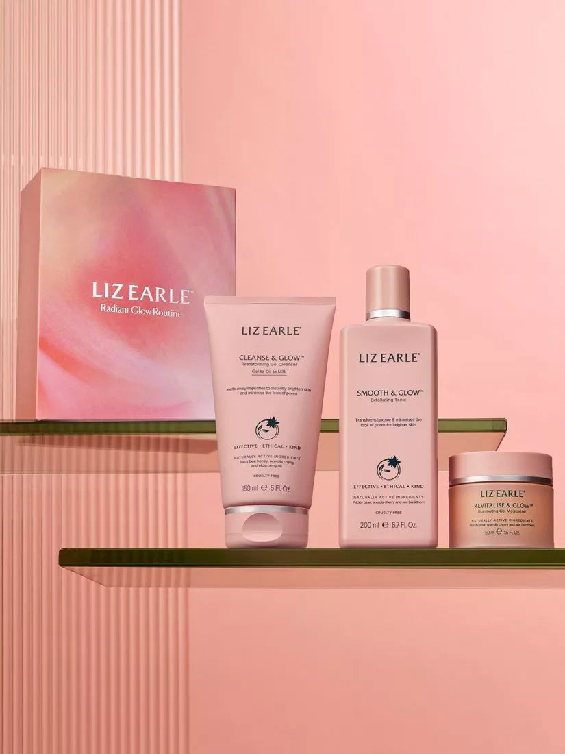 Radiant glow skincare gift set with gel cleanser, exfoliating tonic, and illuminating moisturiser, UK version