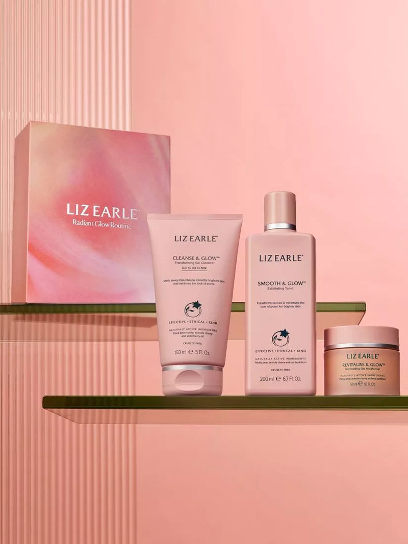Radiant glow skincare gift set with gel cleanser, exfoliating tonic, and illuminating moisturiser, UK version