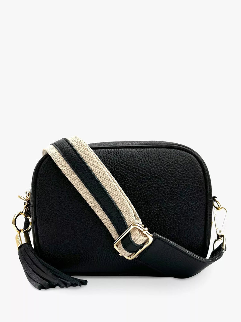 Apatchy London crossbody bag in black leather and canvas, imported from the UK