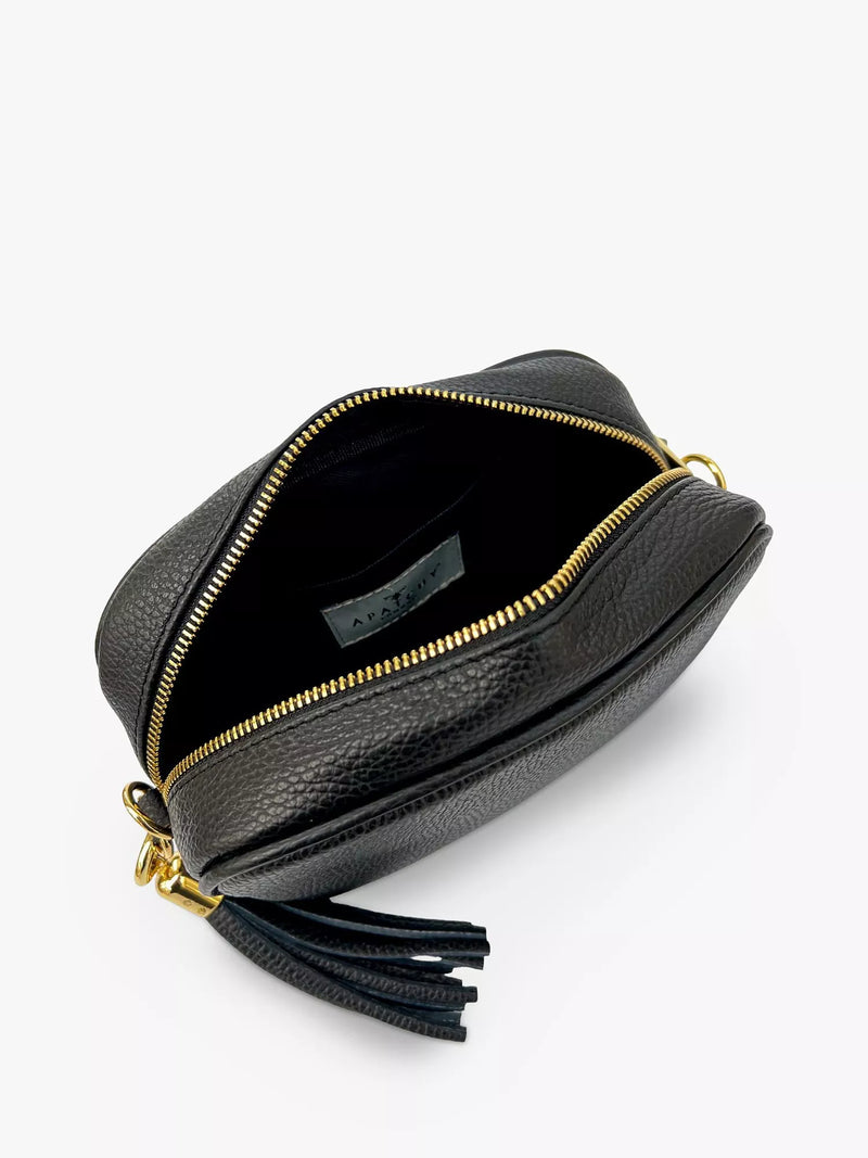 Apatchy London crossbody bag in black leather and canvas, imported from the UK