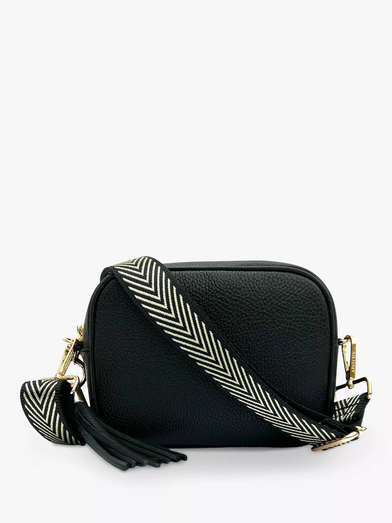 Apatchy London crossbody bag black gold metallic chevron strap, UK version