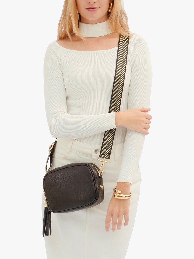 Apatchy London crossbody bag black gold metallic chevron strap, UK version