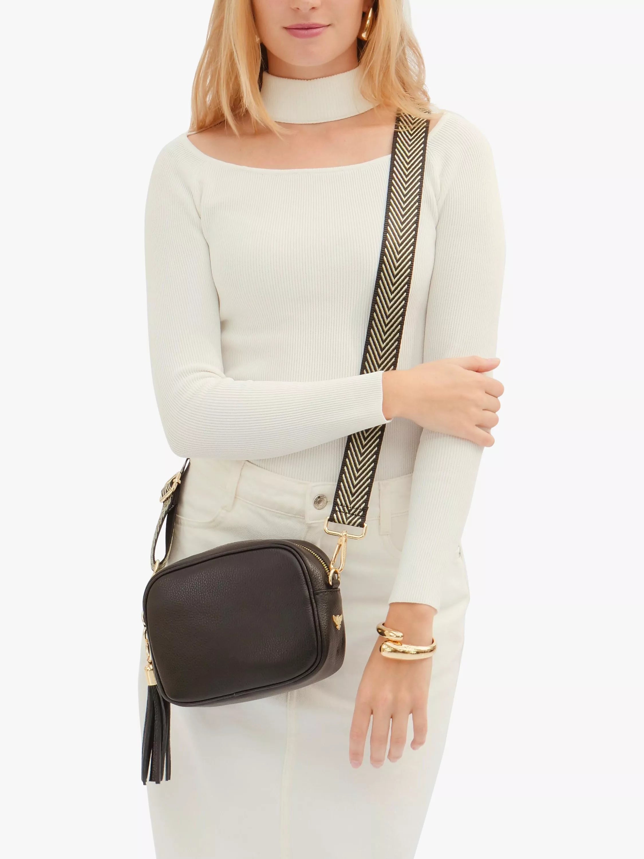 Apatchy London crossbody bag black gold metallic chevron strap, UK version