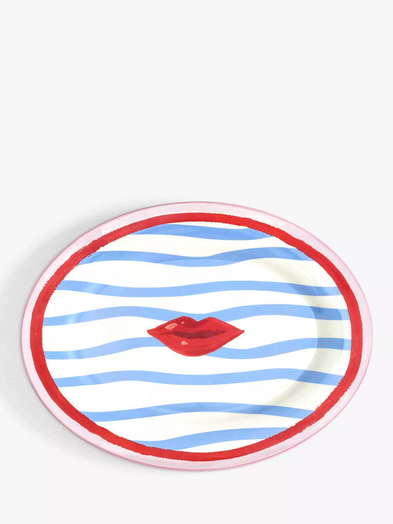 Eleanor Bowmer Electric Coast Lips Oval Stoneware Platter, 36.5cm, Blue/Red