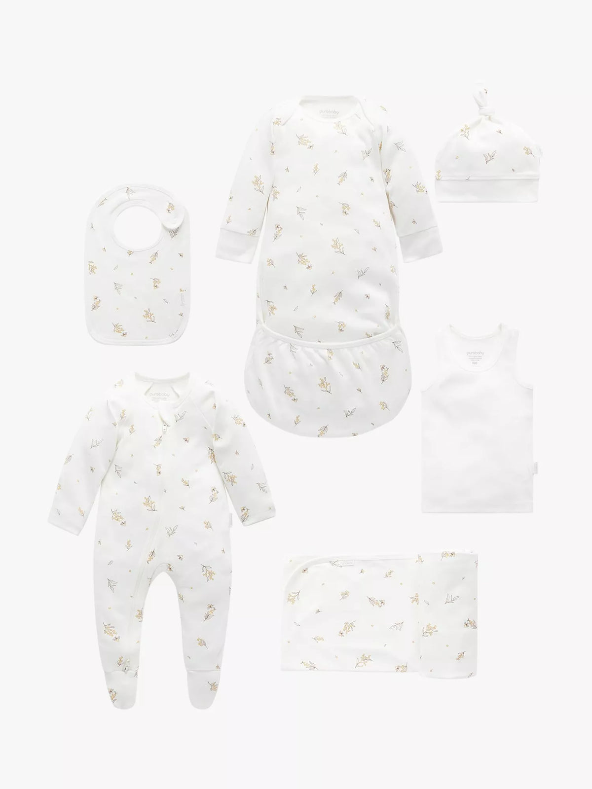 Purebaby white newborn hospital pack with organic cotton baby clothes, imported from the UK