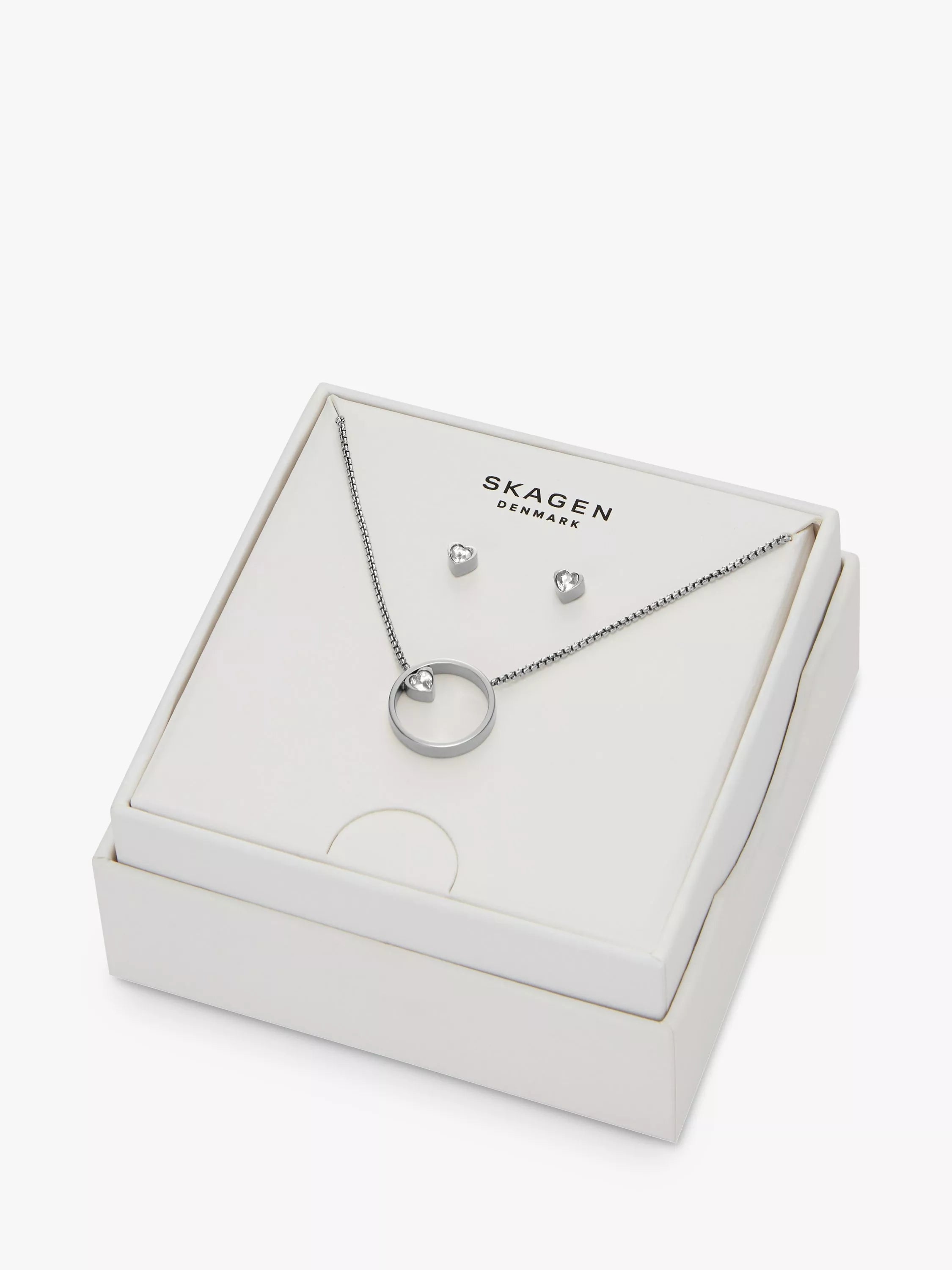 Skagen heart pendant necklace and stud earrings silver set, UK version