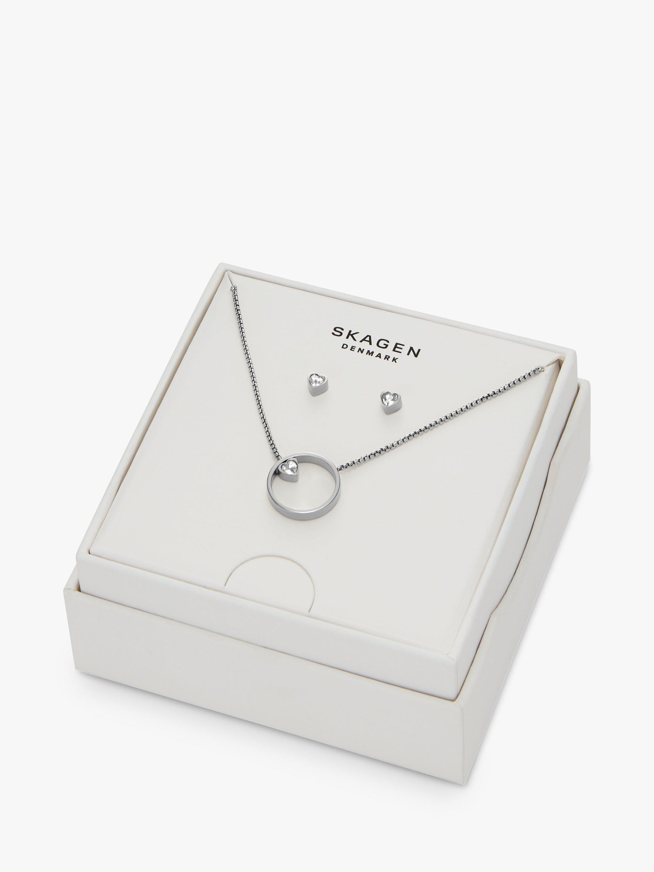 Skagen heart pendant necklace and stud earrings silver set, UK version