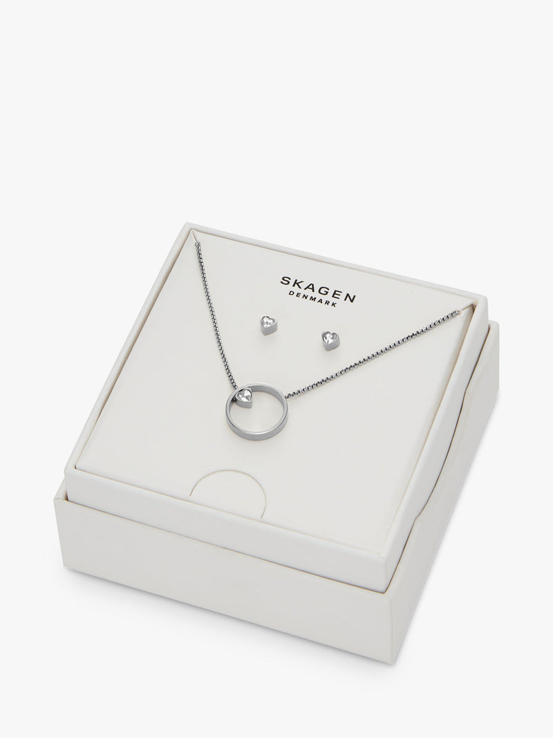 Skagen heart pendant necklace and stud earrings silver set, UK version