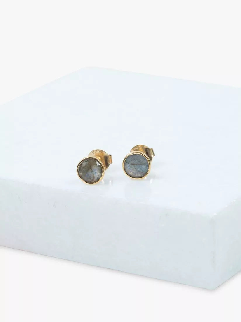 Auree labradorite stud earrings in gold, imported from the UK