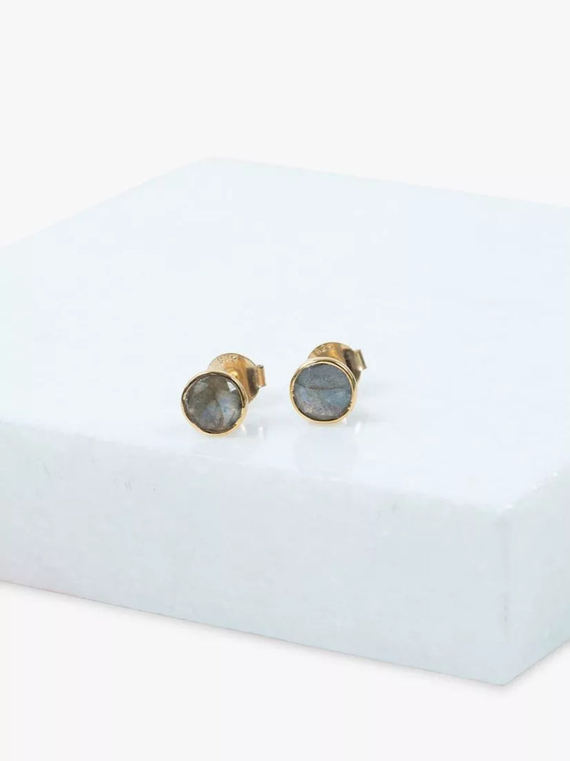 Auree labradorite stud earrings in gold, imported from the UK