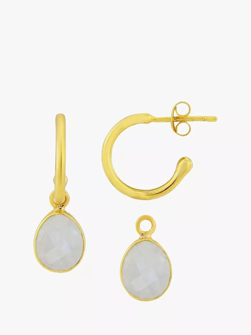 Auree gold hoop earrings with moonstone charm (British brand)