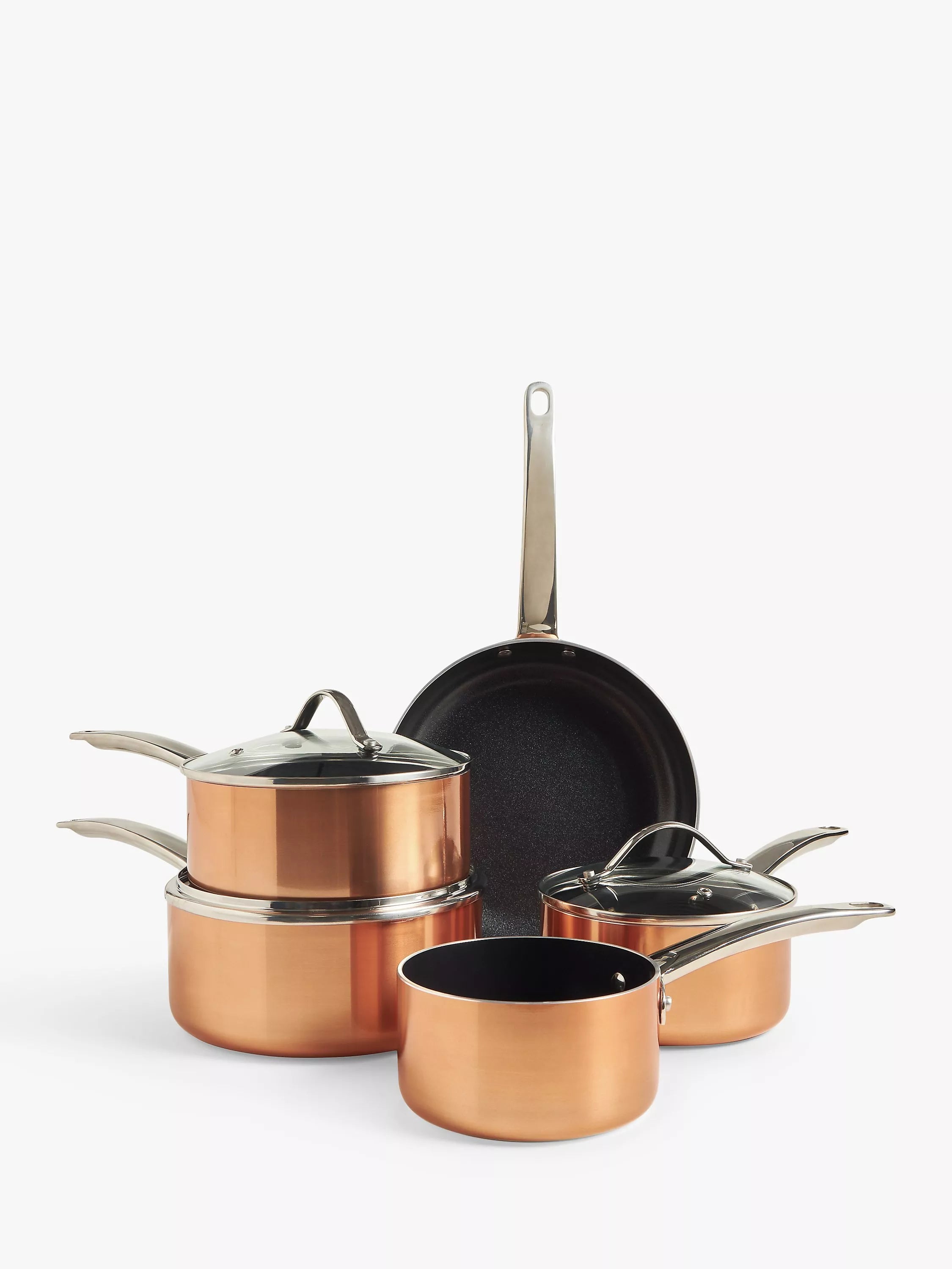 John Lewis 5-piece aluminium non-stick pan set with copper finish, UK version